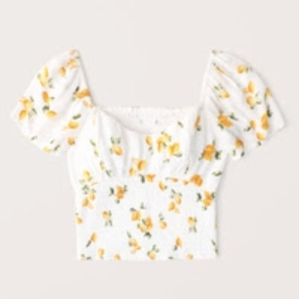 NWT Abercrombie Cream Lemon Print Smocked Top - Size Medium